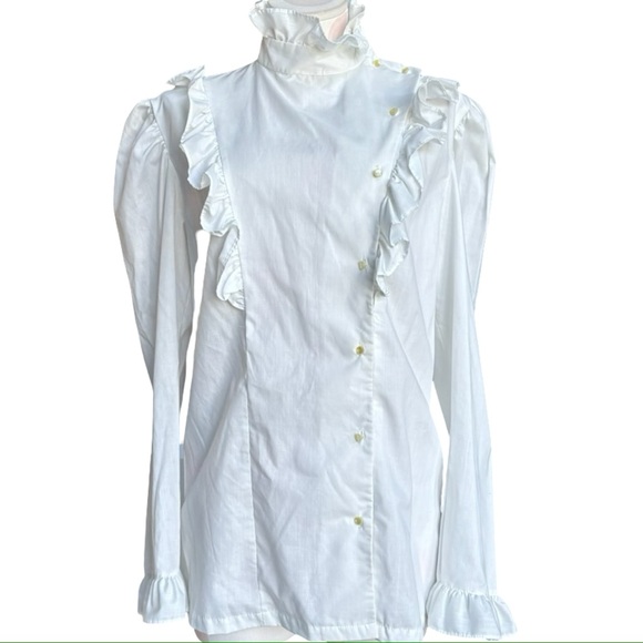 Vintage 1970s High Neck Ruffle Offset Button Long Sleeve Peasant Blouse - Picture 1 of 9